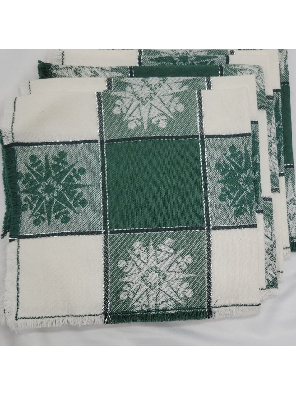 Vtg Green Checker Snowflake Cloth Napkins Set Of Six 15"x14" Woven Fabric Winter